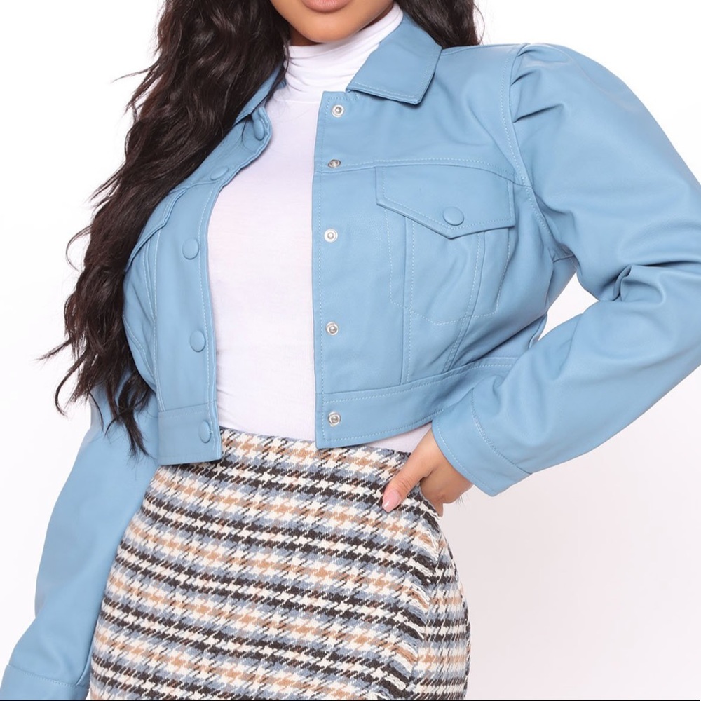 Leather fashion nova light blue crop jacket